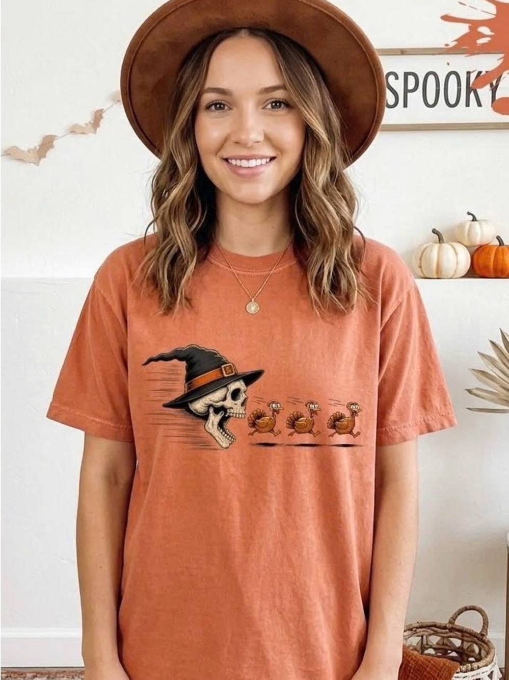Funny Witch Skull Chasing Turkeys Shirt | Halloween Thanksgiving Graphic Tee